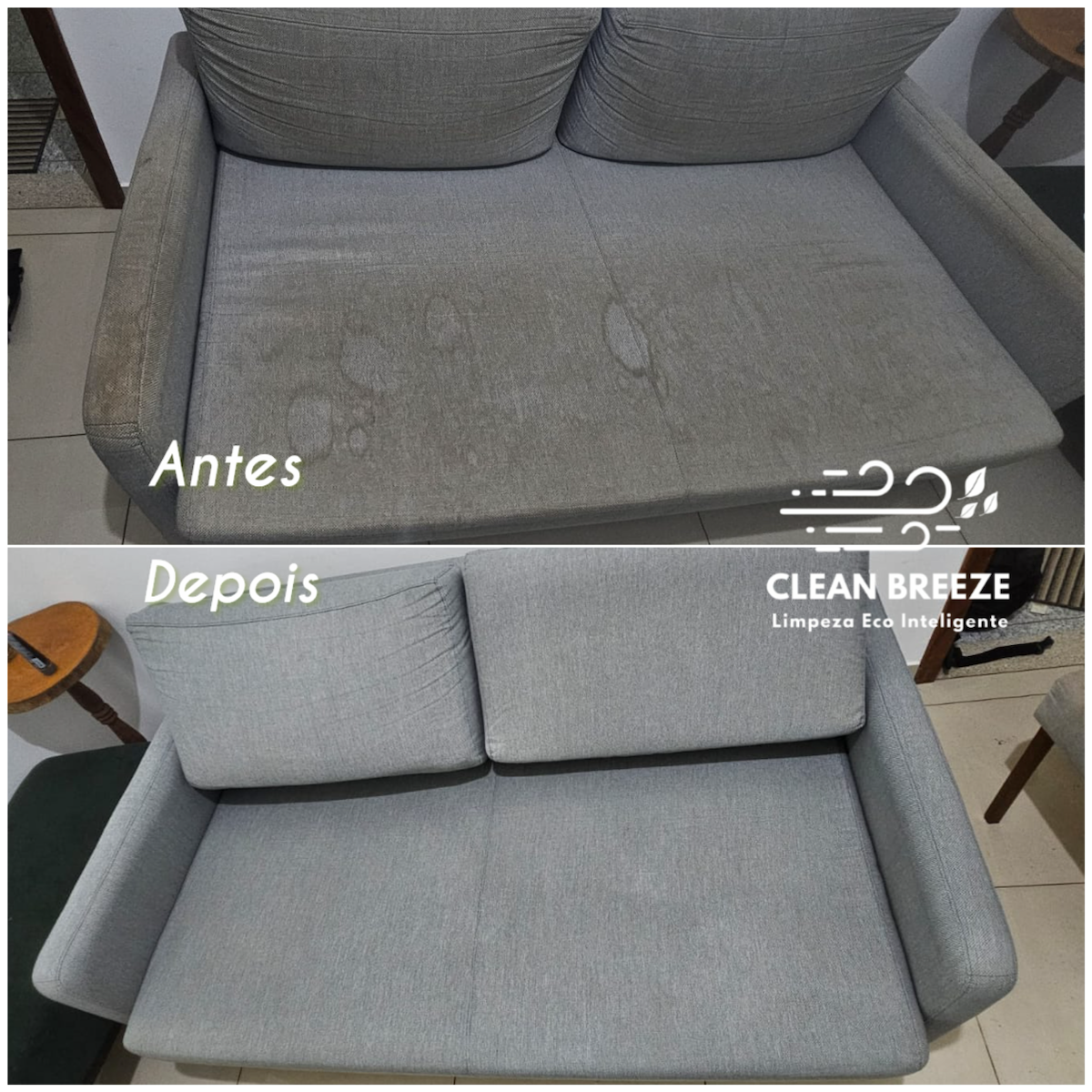 Antes e depois real de higienização de sofá feita pela Clean Breeze